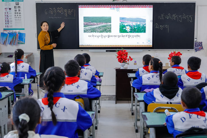 2024年9月27日，在四川省甘孜藏族自治州道孚縣城關第一完全小學，采取“藏加模式”教學的五年級一班的藏語文課上，準木周老師指導藏族學生以家鄉(xiāng)草原風物為主題寫作藏語文作文。