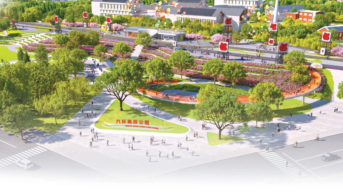 六環(huán)高線公園啟動(dòng)段環(huán)形自行車(chē)和人行步道效果圖。