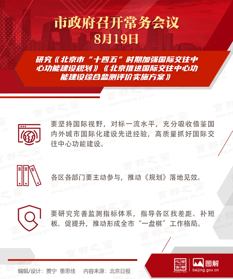 市政府常務會議：研究《北京市“十四五”時期加強國際交往中心功能建設規(guī)劃》《北京推進國際交往中心功能建設綜合監(jiān)測評價實施方案》