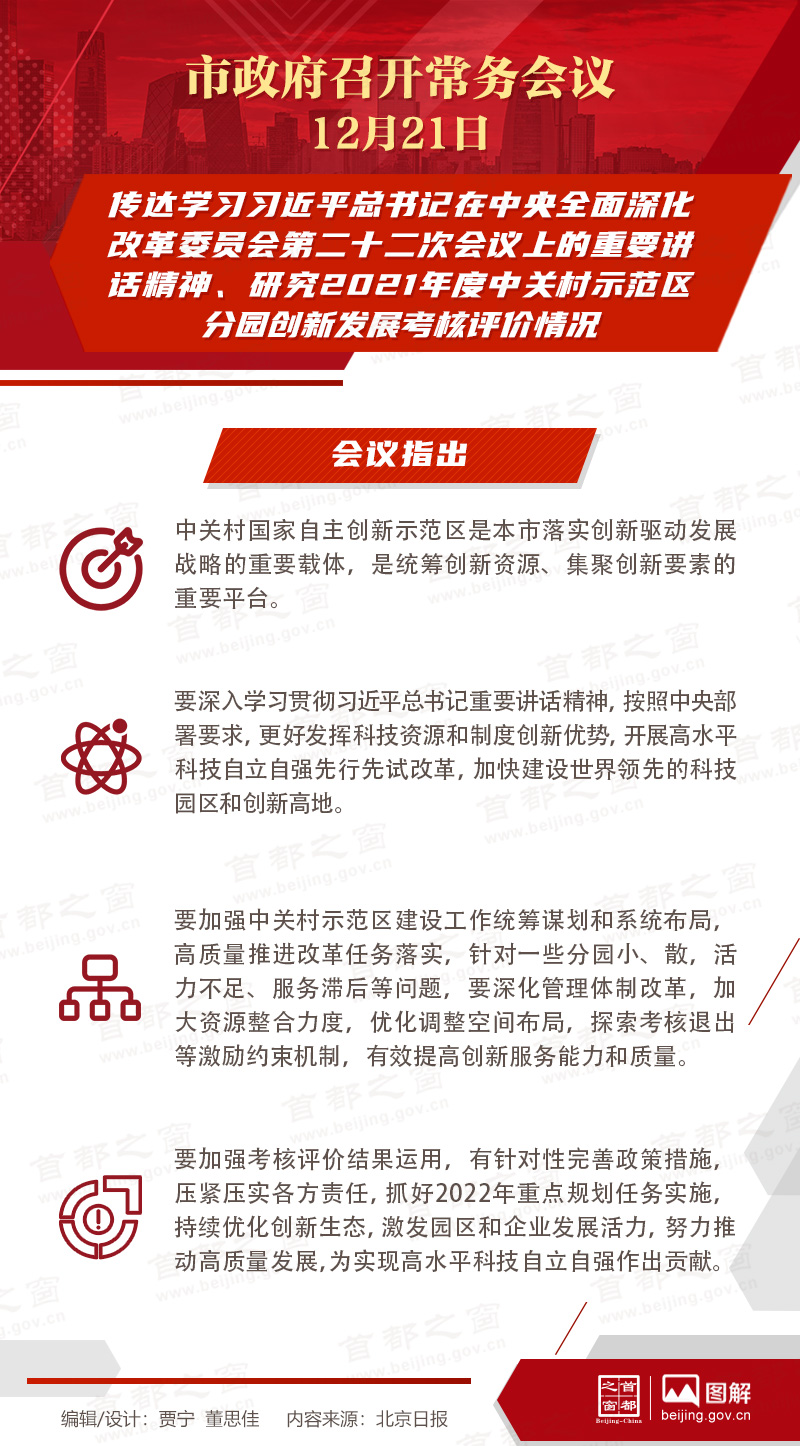 市政府常務(wù)會(huì)議：傳達(dá)學(xué)習(xí)習(xí)近平總書(shū)記在中央全面深化改革委員會(huì)第二十二次會(huì)議上的重要講話精神、研究2021年度中關(guān)村示范區(qū)分園創(chuàng)新發(fā)展考核評(píng)價(jià)情況