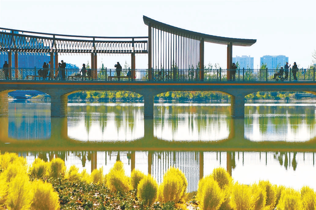 玉河濕地公園秋色繽紛、如詩如畫，市民游客在湖心廊橋上遠眺秋景斑斕。